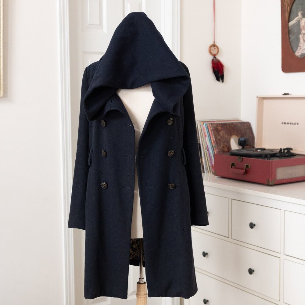 ANTHROPOLOGIE Elevenses Navy Blue Large Hooded Double Breasted Pea Coat Size 6